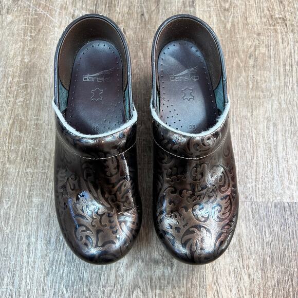 Dansko Filigree Floral Brown Leather Patent Comfort Clogs Size 38 - Picture 6 of 7